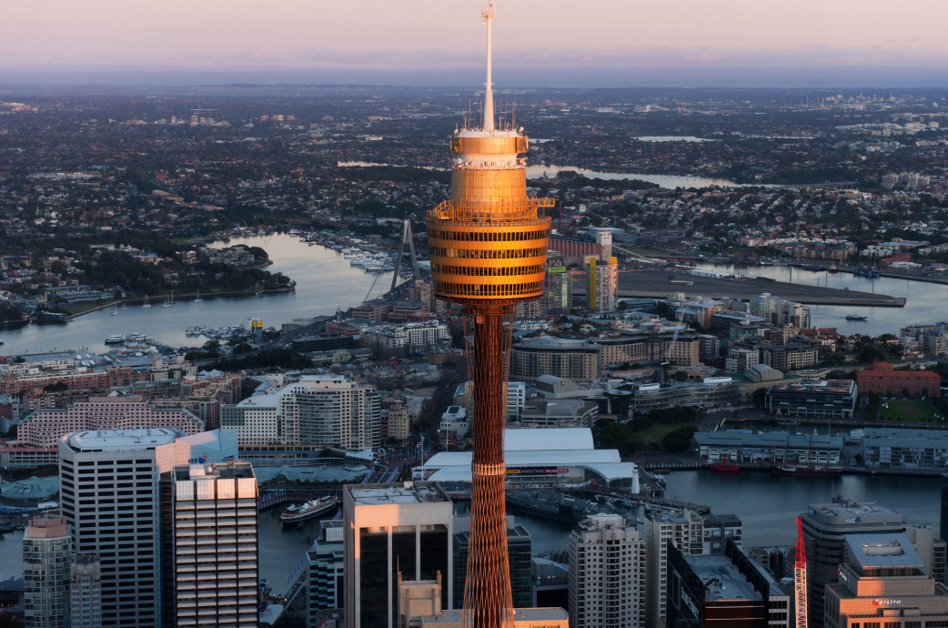 Sydney Tower rising above the CBD and harbour at sunset